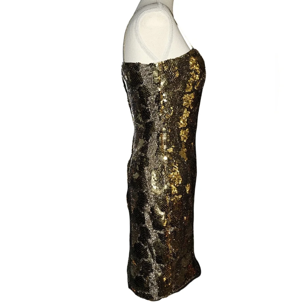 Vtg Dave & Johnny Gold Sequin Animal Print Mini Dress Cocktail Party USA Sz 3/4 - Picture 3 of 16